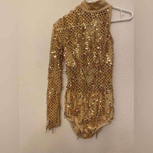 Kelle solo dance jazz acro costume gold fishnet fringe leotare SA-Small adult - Picture 3 of 12